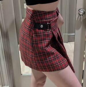 Topshop US 2 Wraparound Snap Red Plaid High Waisted Skirt With Pleats